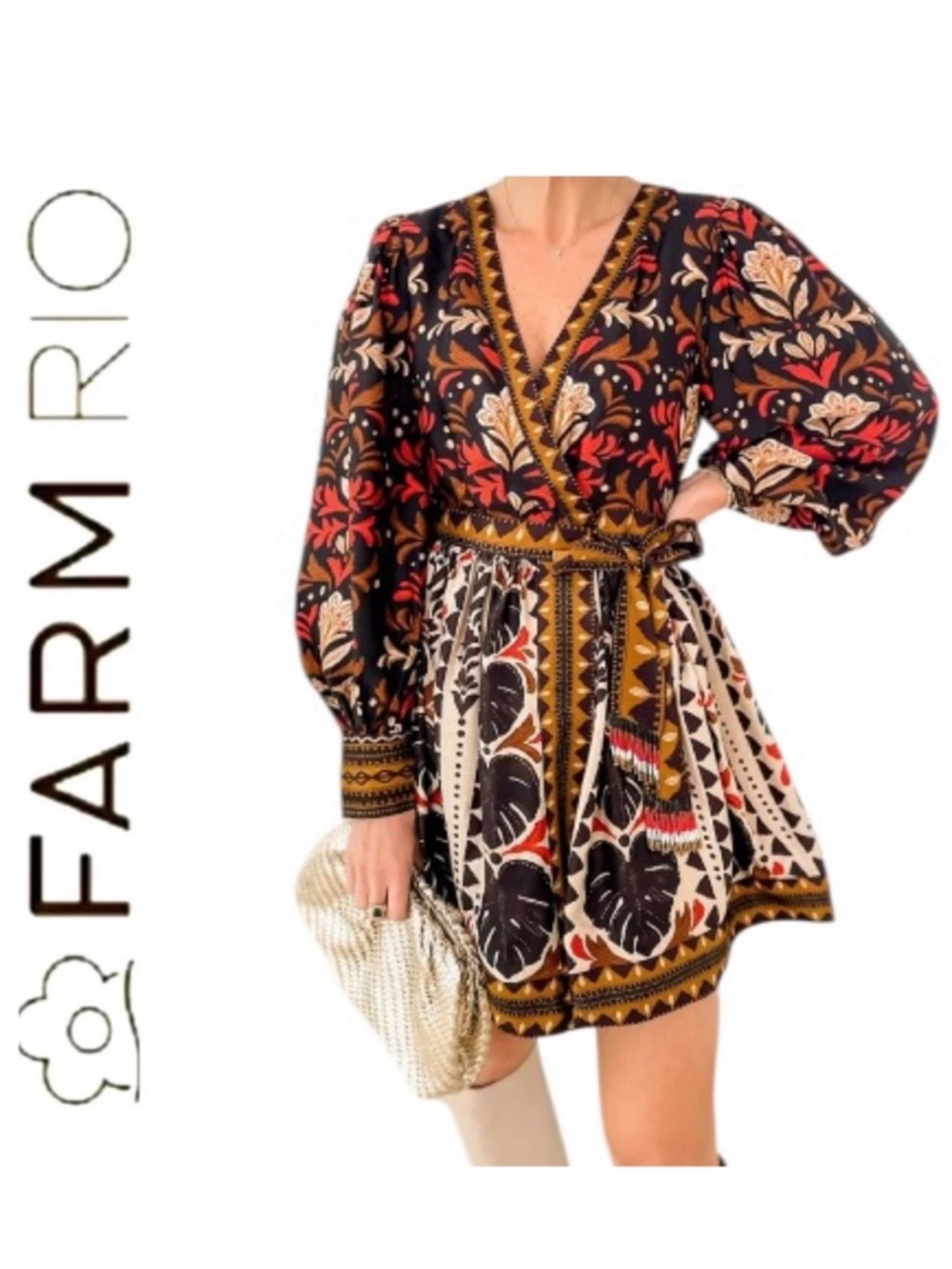 FARM Rio Tapestry Garden V-Neck Belted Mini Wrap Dress - Size XS Bohemian $255